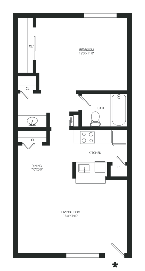 Floor plan for 1 bed, 1 bath, 555 sqft